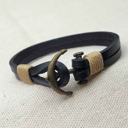 10mm Soft Pliable Black Flat Leather Cuff Bracelet with attached Anchor Clasp - Qty 1 (LC14) - Beads and Babble
