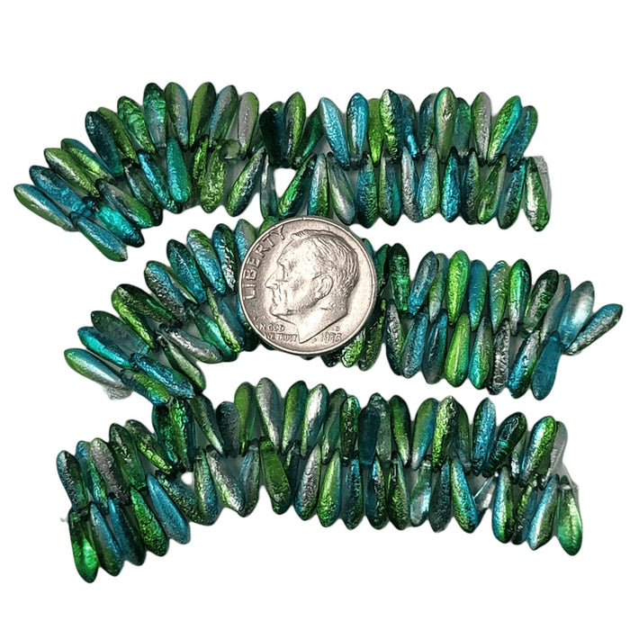 11x3mm Etched 3 Tone Metallic Crystal Blue & Green Czech Glass Dagger Beads - Qty 50 (DW12) - Beads and Babble