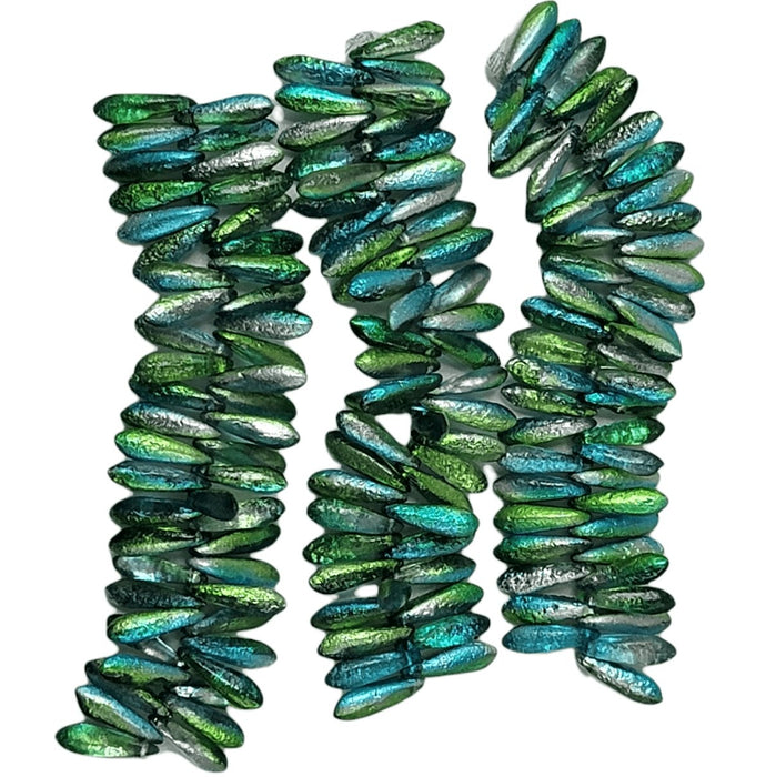 11x3mm Etched 3 Tone Metallic Crystal Blue & Green Czech Glass Dagger Beads - Qty 50 (DW12) - Beads and Babble