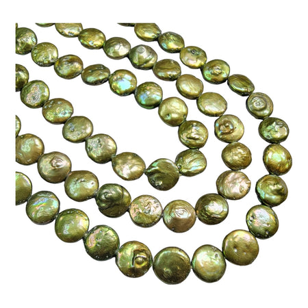 12mm Iridescent Olivine Cultured Freshwater Coin Pearls - 16 Inch Strand (PRL26) - Beads and BabbleBeads