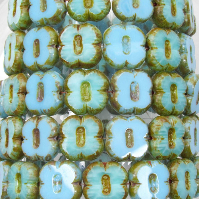 12mm Opaque Blue & Green Turquoise 4 Leaf Clover Picasso Table Cut Mix Czech Glass Beads - Qty 10 (BS205) - Beads and Babble