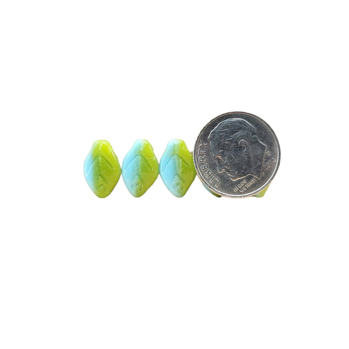 12x7mm 2 Tone Opaque Blue Turquoise & Transparent Green Czech Glass Leaf Beads - Qty 25 (MISC138) - Beads and BabbleBeads