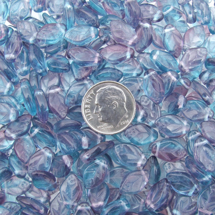 12x7mm 2 Tone Transparent Dark Aqua & Purple Czech Glass Leaf Beads - Qty 20 (BS174) SE - Beads and BabbleBeads