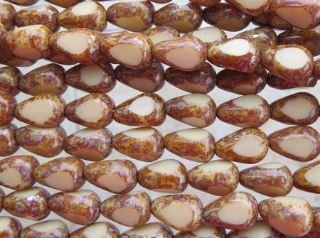 12x8mm 3 Cut Opaque Beige Picasso Table Cut Czech Glass Teardrop Beads - Qty 20 (BS332) - Beads and Babble