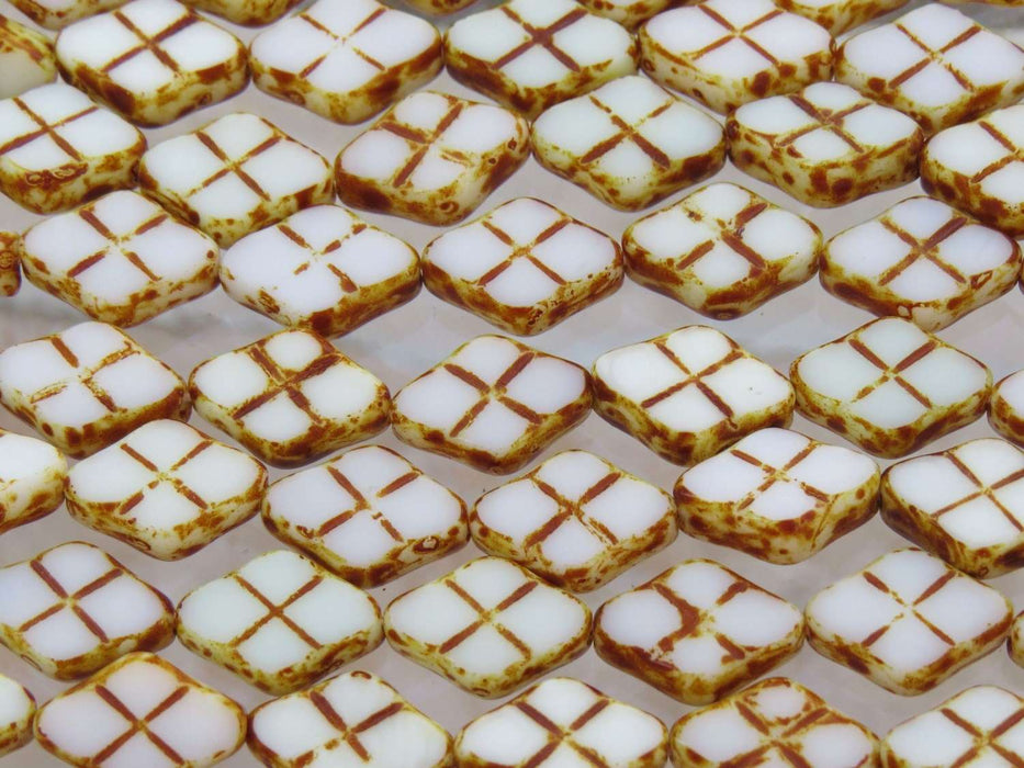 12x8mm Opaque White Picasso Table Cut Diamond X Pattern Czech Glass Beads - Qty 20 (BS337) - Beads and Babble