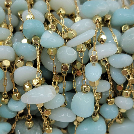 14x4mm to 11x2mm Natural Amazonite Gemstone Chips on Handmade Gold Plated Brass Metal Chain - Sold by the Foot - (GG16) - Beads and Babble