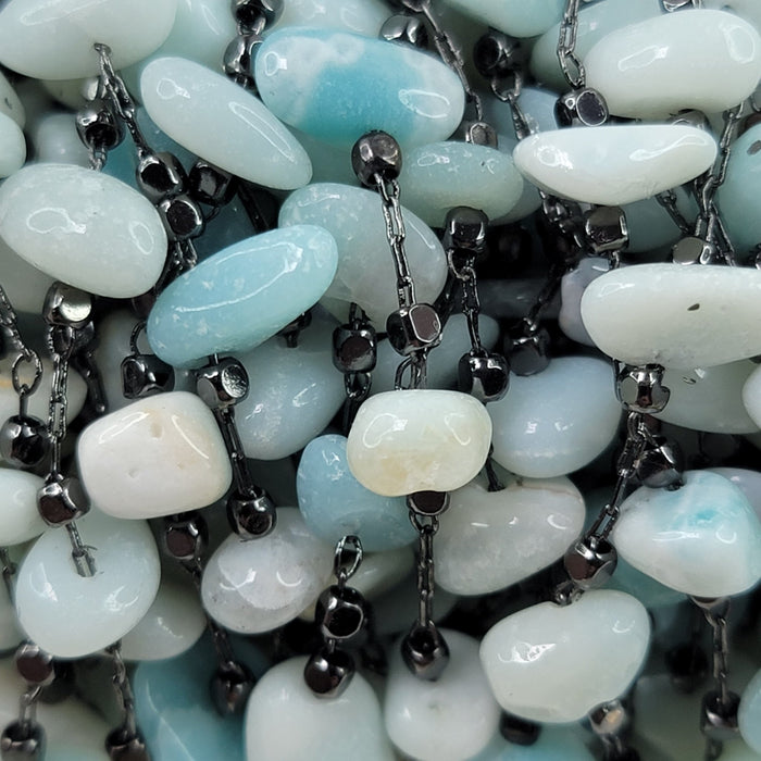14x4mm to 11x2mm Natural Amazonite Gemstone Chips on Handmade Gunmetal Finish on Brass Metal Chain - Sold by the Foot - (GG15) - Beads and Babble