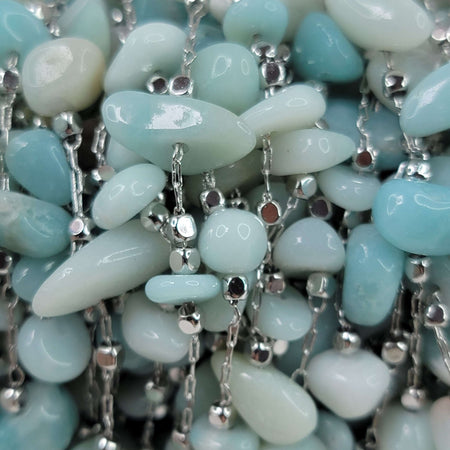 14x4mm to 11x2mm Natural Amazonite Gemstone Chips on Handmade Platinum Plated Brass Metal Chain - Sold by the Foot - (GG14) - Beads and Babble
