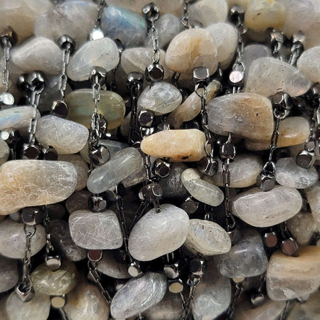 14x4mm to 11x2mm Natural Labradorite Gemstone Chips on Handmade Gunmetal Finish on Brass Metal Chain - Sold by the Foot - (GG18) - Beads and Babble