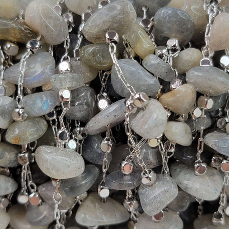 14x4mm to 11x2mm Natural Labradorite Gemstone Chips on Handmade Platinum Plated Brass Metal Chain - Sold by the Foot - (GG17) - Beads and Babble