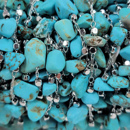 14x4mm to 11x2mm Synthetic Turquoise Gemstone Chips on Handmade Platinum Plated Brass Metal Chain - Sold by the Foot - (GG22) - Beads and Babble