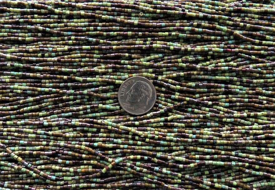 1.5mm Opaque Forest Aged Picasso Czech Glass Bugle Bead Mix - 6 Strand Hank (BU46) - Beads and Babble