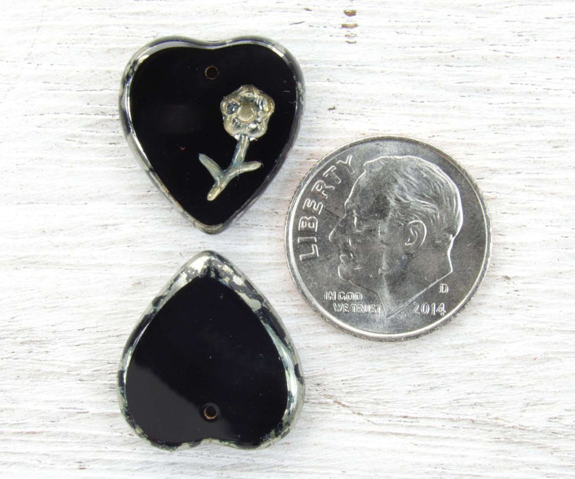 17x16mm Opaque Black Picasso Edged Table Cut Czech Glass Heart Pendant/Focal Beads - Qty 2 (ES54) - Beads and Babble