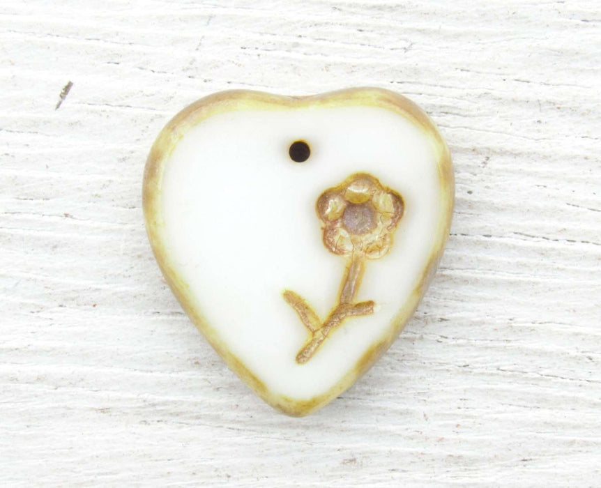 17x16mm Opaque White Picasso Edged Table Cut Czech Glass Heart Pendant/Focal Beads - Qty 2 (ES55) - Beads and Babble