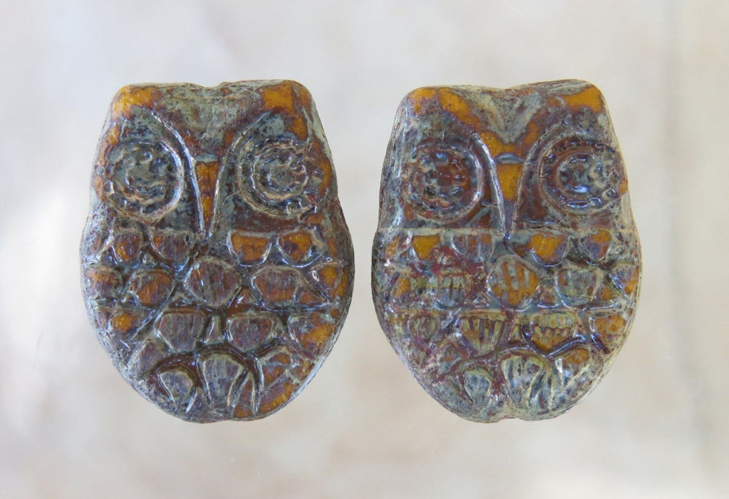 18x15mm Opaque Yellow Heavy Picasso Czech Glass Horned Owl Beads - Qty 6 (BS244) - Beads and Babble