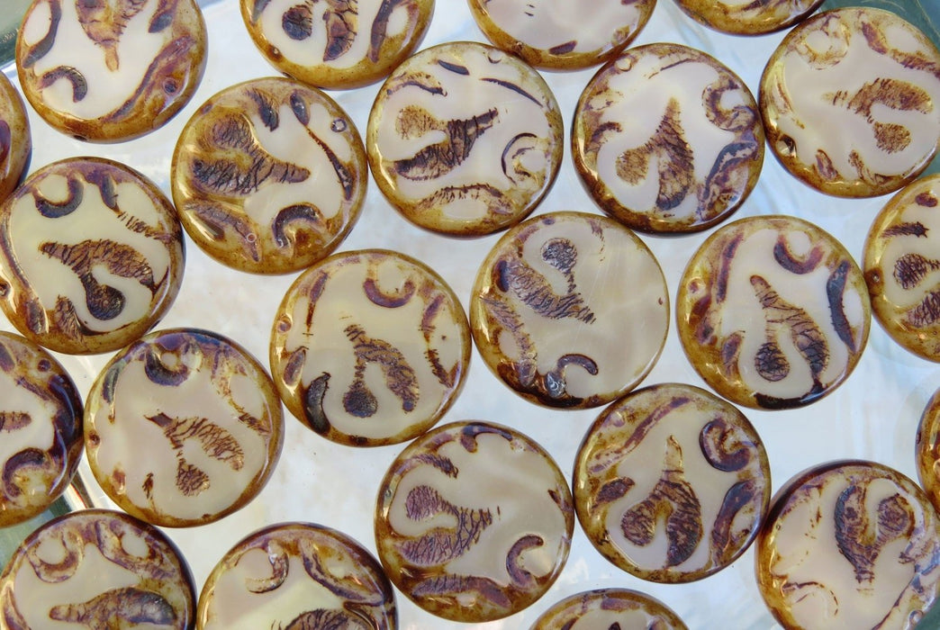 20mm Opaque Caramel Mocha Picasso Czech Textured Table Cut Glass Coin Beads - Qty 4 (BS395) - Beads and Babble