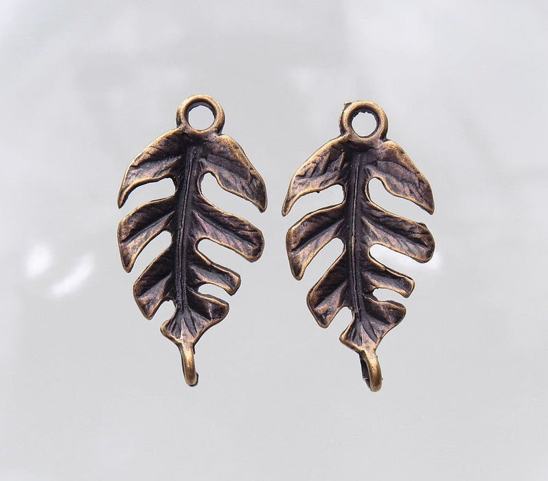 27x14mm Antique Copper Alloy Metal Leaf Pendant/Focal/Link/Connector Component - Qty 6 (MB66A) - Beads and Babble