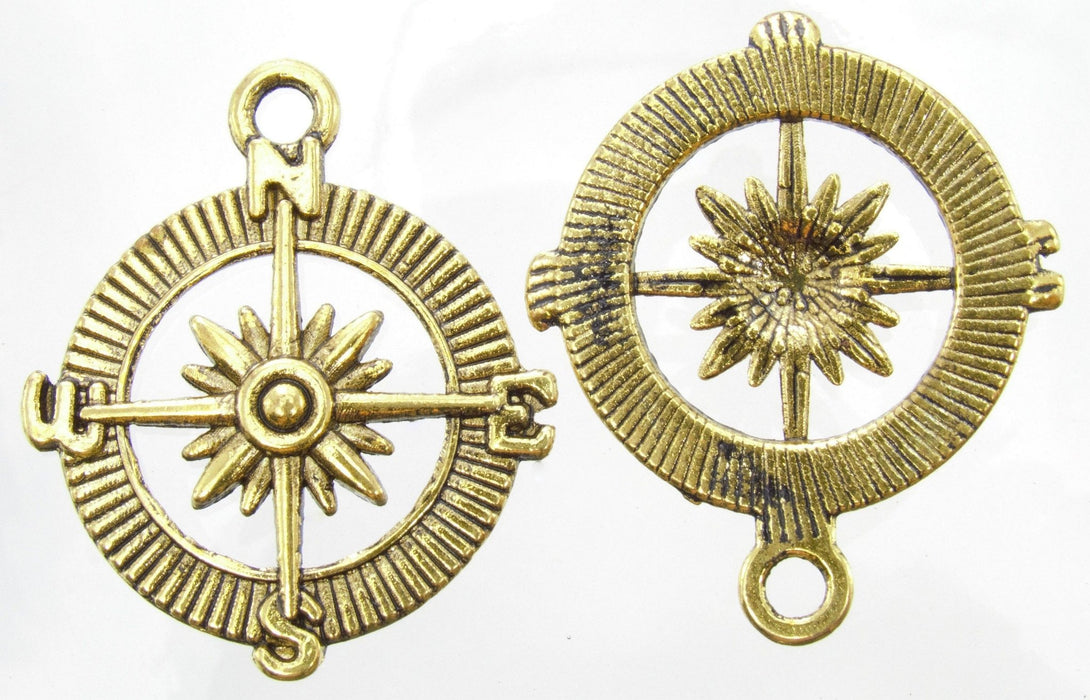 29x25mm Antique Gold Alloy Metal Compass Charm/Pendant - Qty 4 (MB315) - Beads and Babble