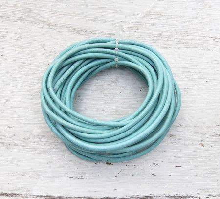 2mm Light Distressed Turquoise Round Leather Cord - 4 Yard Bundle - (2RLC08) - Beads and Babble