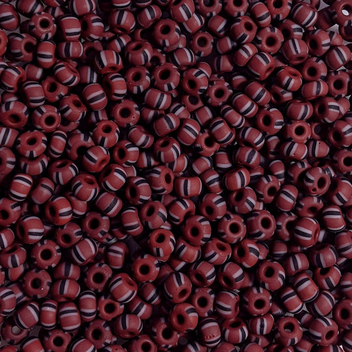 33/0 Matte Opaque Burgundy with Black and White Stripes Glass Seed Beads 20 Grams (33CS122) - Beads and Babble