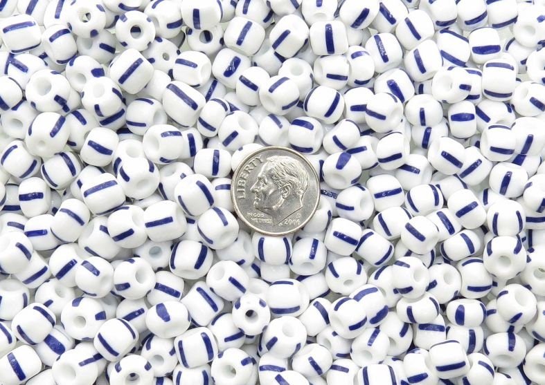 33/0 Opaque White and Blue Striped Czech Glass Seed Beads 20 Grams (33CS109) - Beads and Babble