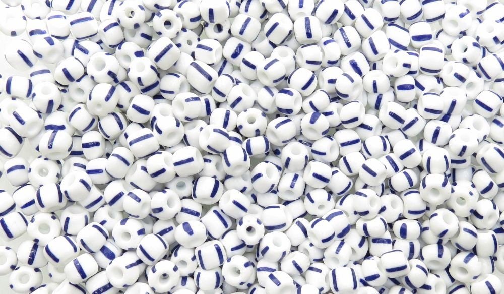 33/0 Opaque White and Blue Striped Czech Glass Seed Beads 20 Grams (33CS109) - Beads and Babble