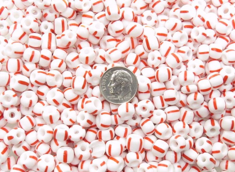 33/0 Opaque White and Red Striped Czech Glass Seed Beads 20 Grams (33CS108) - Beads and Babble