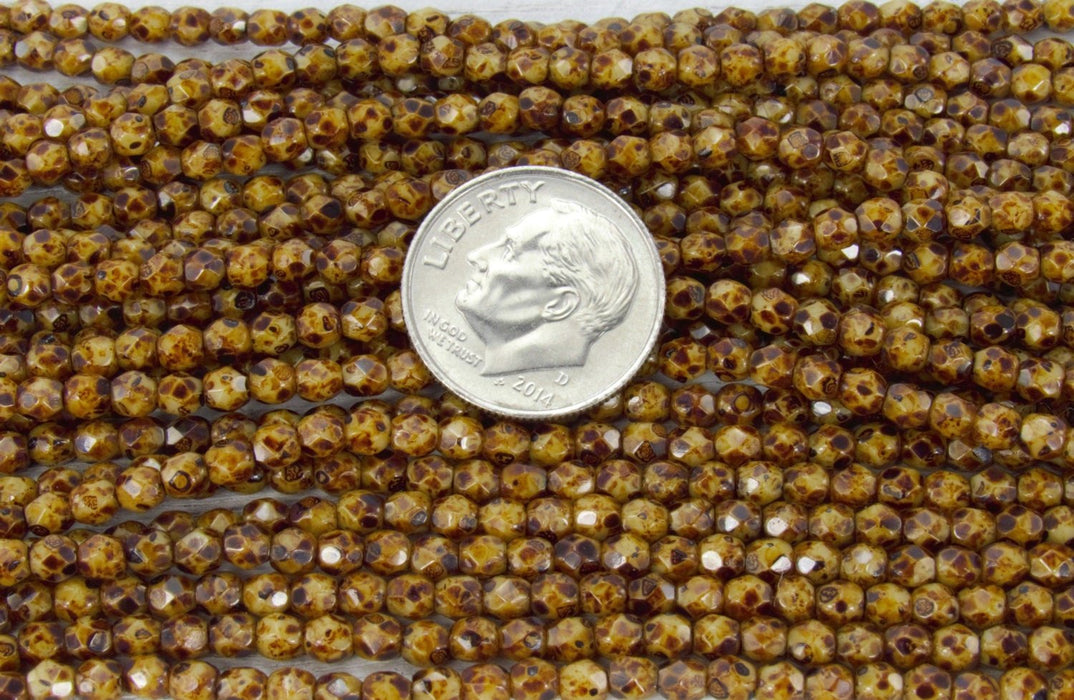 3mm Faceted Opaque Beige Picasso Firepolish Czech Glass Beads - Qty 50 (DW93) - Beads and Babble
