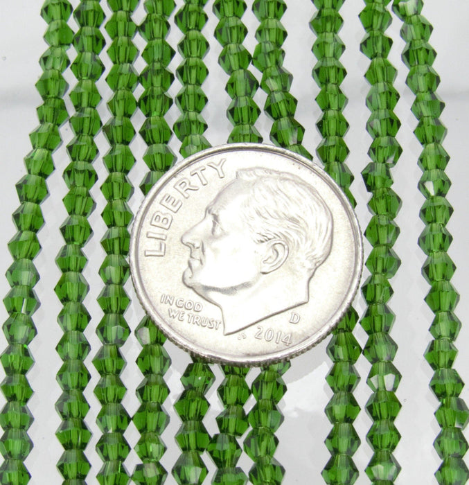 3mm Faceted Transparent Dark Green Chinese Crystal Bicone Beads 9 Inch Strand (3BCCS3) - Beads and Babble