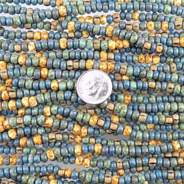 4/0 Aged Opaque Blue Jean Baby Picasso Mix Czech Glass Seed Beads - 18 Inch Strand (BW73) - Beads and Babble