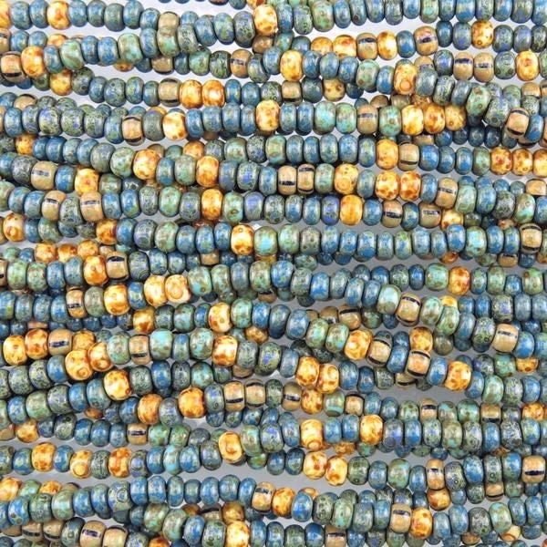 4/0 Aged Opaque Blue Jean Baby Picasso Mix Czech Glass Seed Beads - 18 Inch Strand (BW73) - Beads and Babble