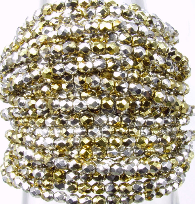 4mm Faceted 2 Tone Metallic Gold and Silver Firepolish Czech Glass Beads - Qty 50 (DW20) - Beads and Babble