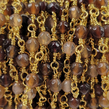 4mm Faceted Natural Brown Agate Round Gemstones on Handmade Brass Metal Chain - Sold by the Foot - (GG11) - Beads and Babble