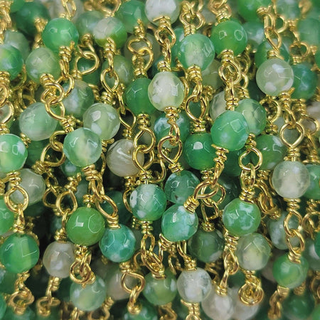 4mm Faceted Natural Green Agate Round Gemstones on Handmade Brass Metal Chain - Sold by the Foot - (GG13) - Beads and Babble