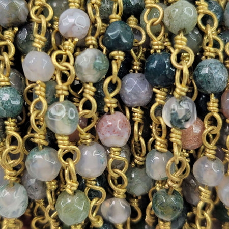 4mm Faceted Natural Indian Agate Round Gemstones on Handmade Brass Metal Chain - Sold by the Foot - (GG10) - Beads and Babble