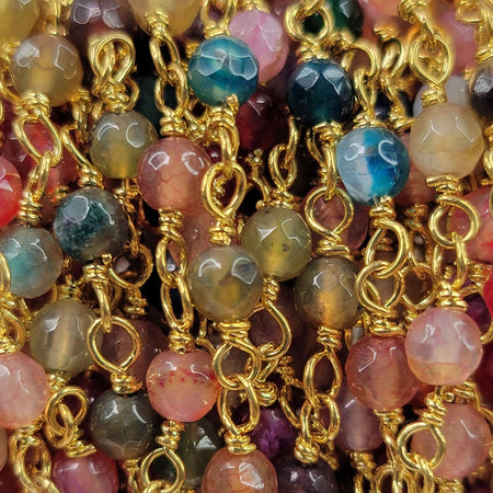 4mm Faceted Natural Mixed Agate Round Gemstones on Handmade Brass Metal Chain - Sold by the Foot - (GG12) - Beads and Babble
