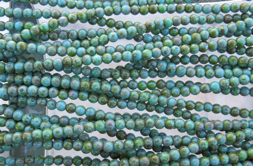 4mm Opaque Green Turquoise Picasso Czech Glass Round Beads - Qty 100 (BS316) - Beads and Babble