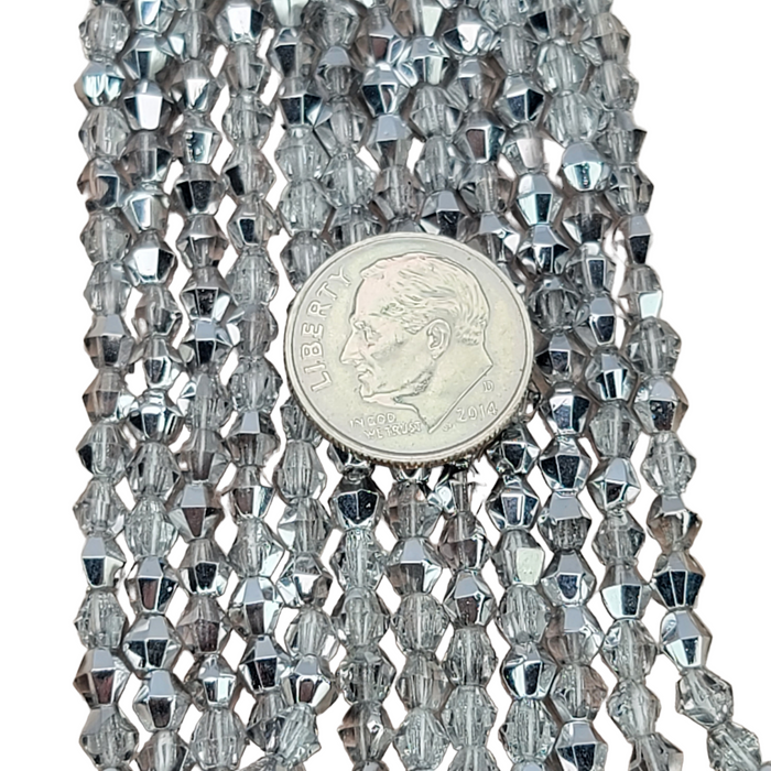 4mm 2 Tone Metallic Silver & Crystal Czech Glass Bicone Beads - Qty 50 (MISC129)