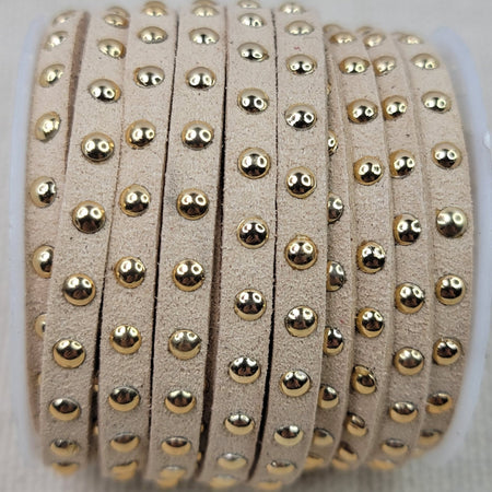 5mm Soft Pliable Gold Studded Beige Faux Suede Cord/Lace/Lacing - Sold by the Foot - (STUD02) - Beads and Babble