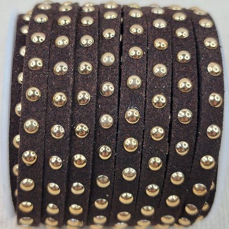 5mm Soft Pliable Gold Studded Dark Brown Faux Suede Cord/Lace/Lacing - Sold by the Foot - (STUD01) - Beads and Babble