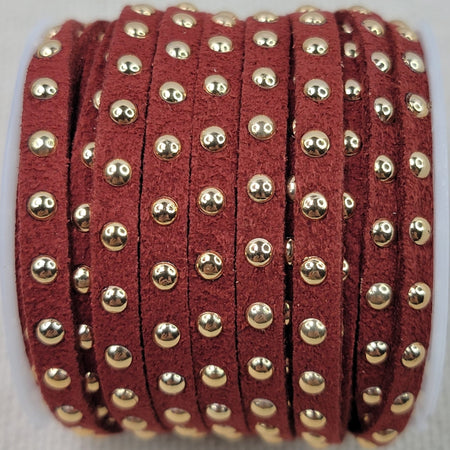 5mm Soft Pliable Gold Studded Dark Red Faux Suede Cord/Lace/Lacing - Sold by the Foot - (STUD06) - Beads and Babble