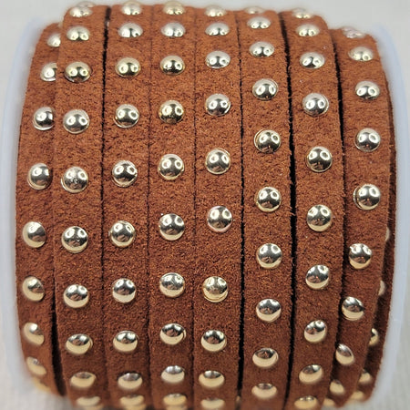 5mm Soft Pliable Gold Studded Light Brown Faux Suede Cord/Lace/Lacing - Sold by the Foot - (STUD04) - Beads and Babble
