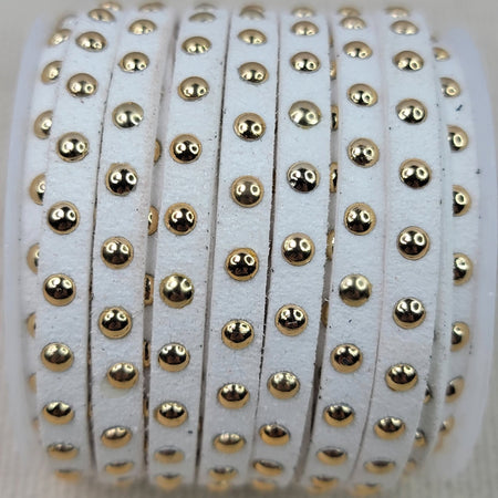 5mm Soft Pliable Gold Studded White Faux Suede Cord/Lace/Lacing - Sold by the Foot - (STUD03) - Beads and Babble