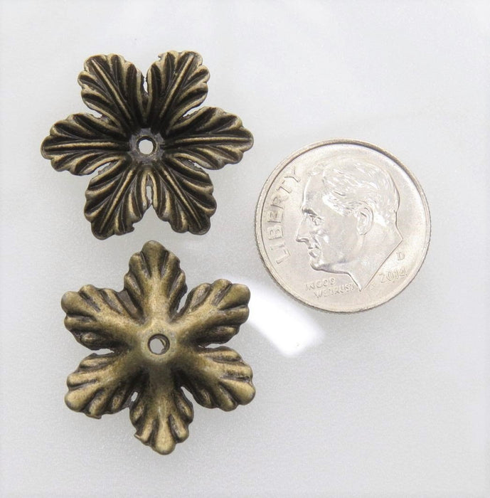 6 Petal 21x19x4mm Antique Brass Alloy Metal Flower Beads, Button Closures, Bead Caps Jewelry Component - Qty 6 (MB336) - Beads and Babble