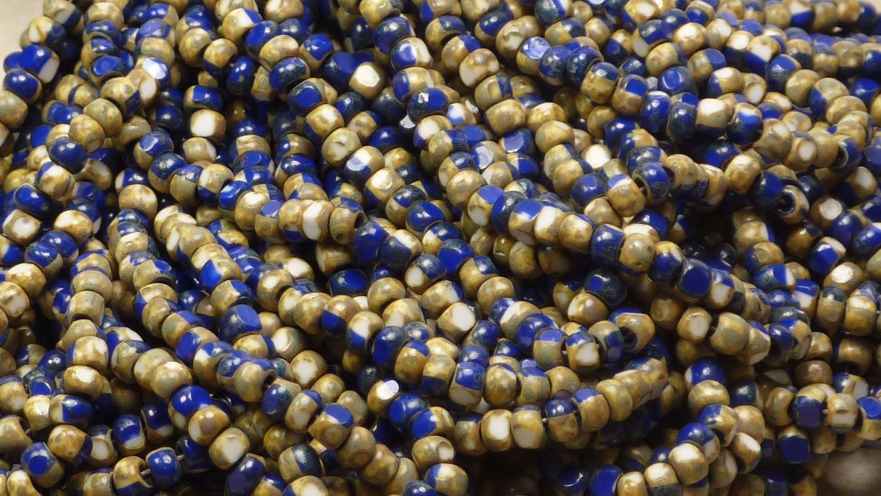 6/0 3 Cut Opaque 2 Tone Blue and White Striped Picasso Czech Glass Seed Bead Strand (6CUT6) - Beads and Babble