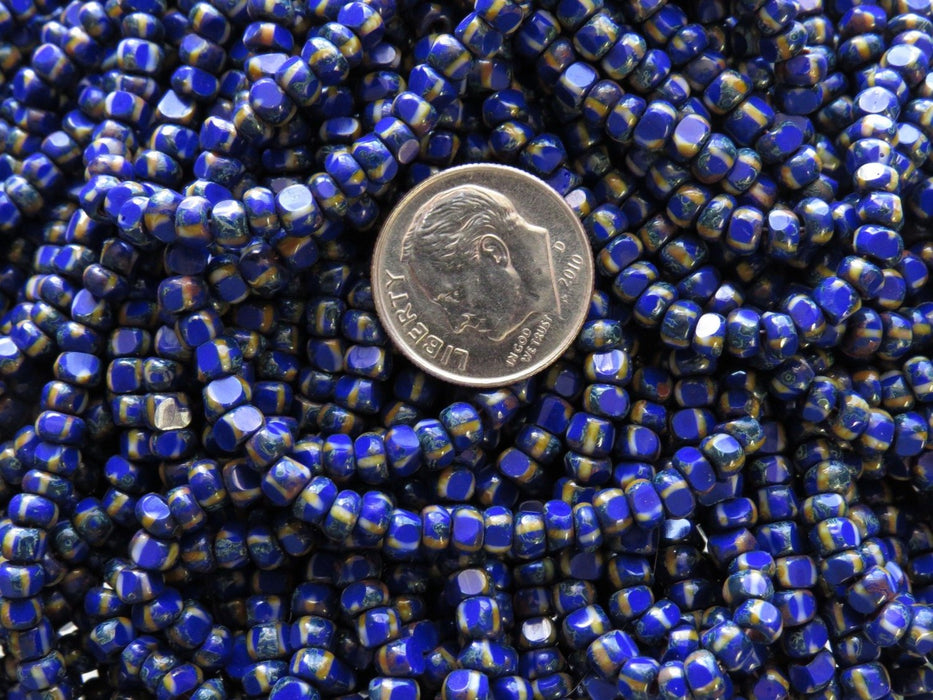 6/0 3 Cut Opaque Royal Blue White Stripe Picasso Czech Glass Seed Bead Strand (6CUT2) - Beads and Babble