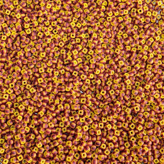 6/0 Matte Opaque Yellow with Red and Brown Stripes Czech Glass Seed Beads 20 Grams (6CS426) - Beads and Babble