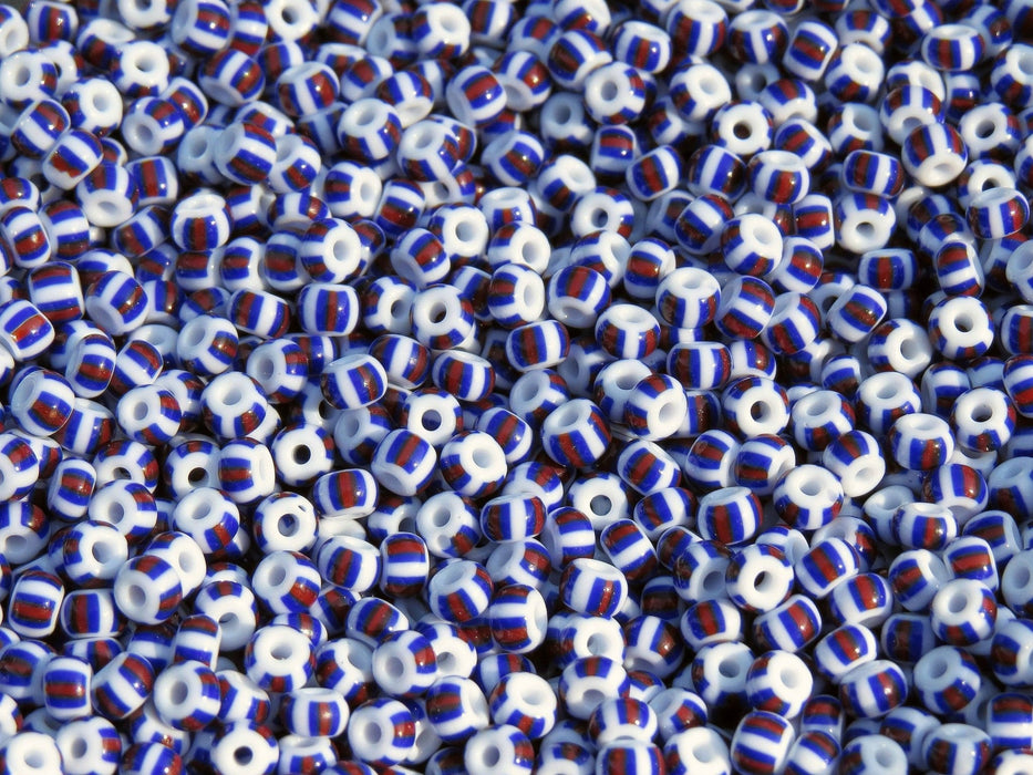 6/0 Opaque Red, White and Blue Thick Striped Czech Glass Seed Beads 20 Grams (6CS378) - Beads and Babble