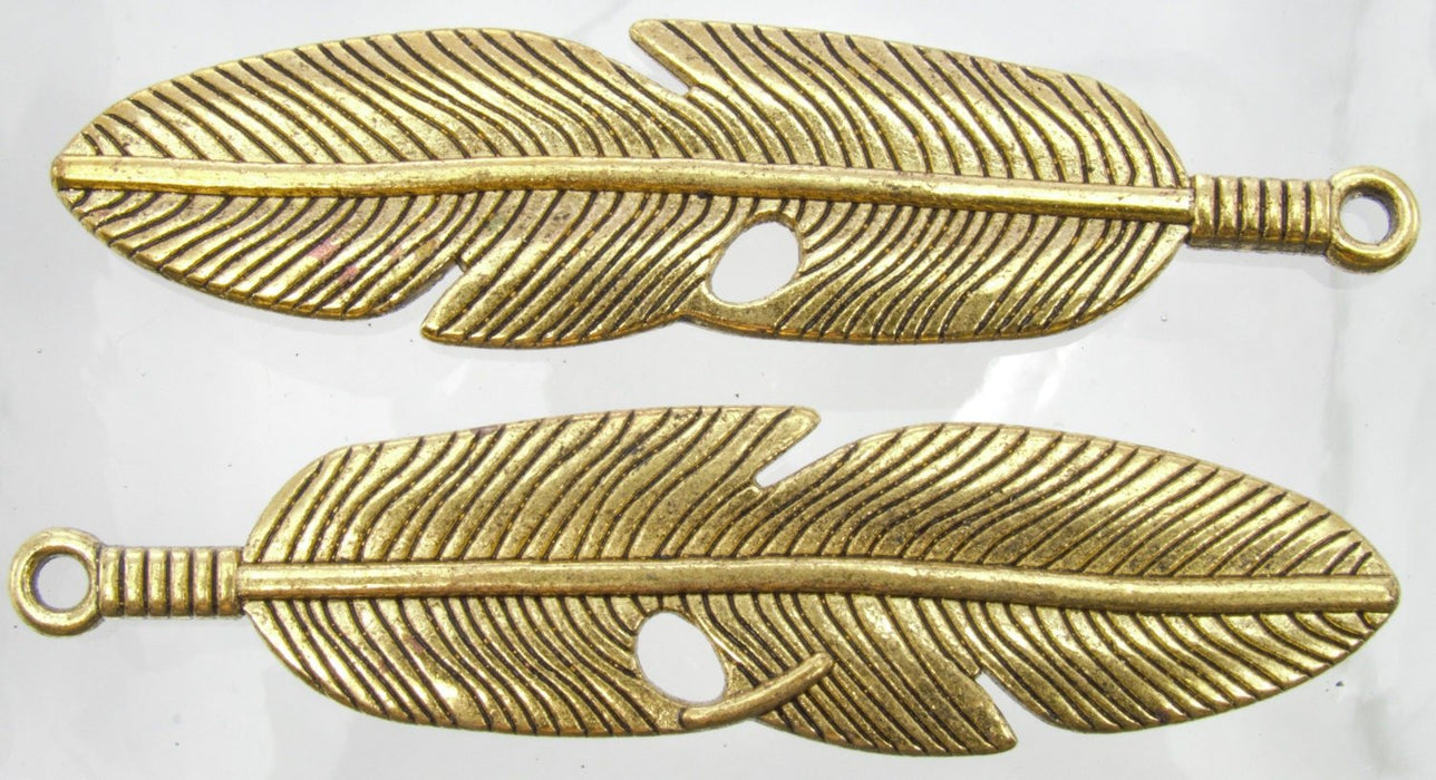61x15x3mm Antique Gold Alloy Metal Feather Pendant - Qty 2 (MB303) - Beads and Babble