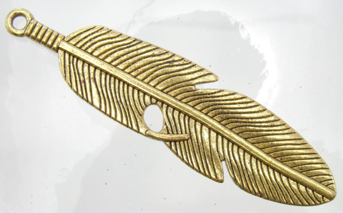 61x15x3mm Antique Gold Alloy Metal Feather Pendant - Qty 2 (MB303) - Beads and Babble